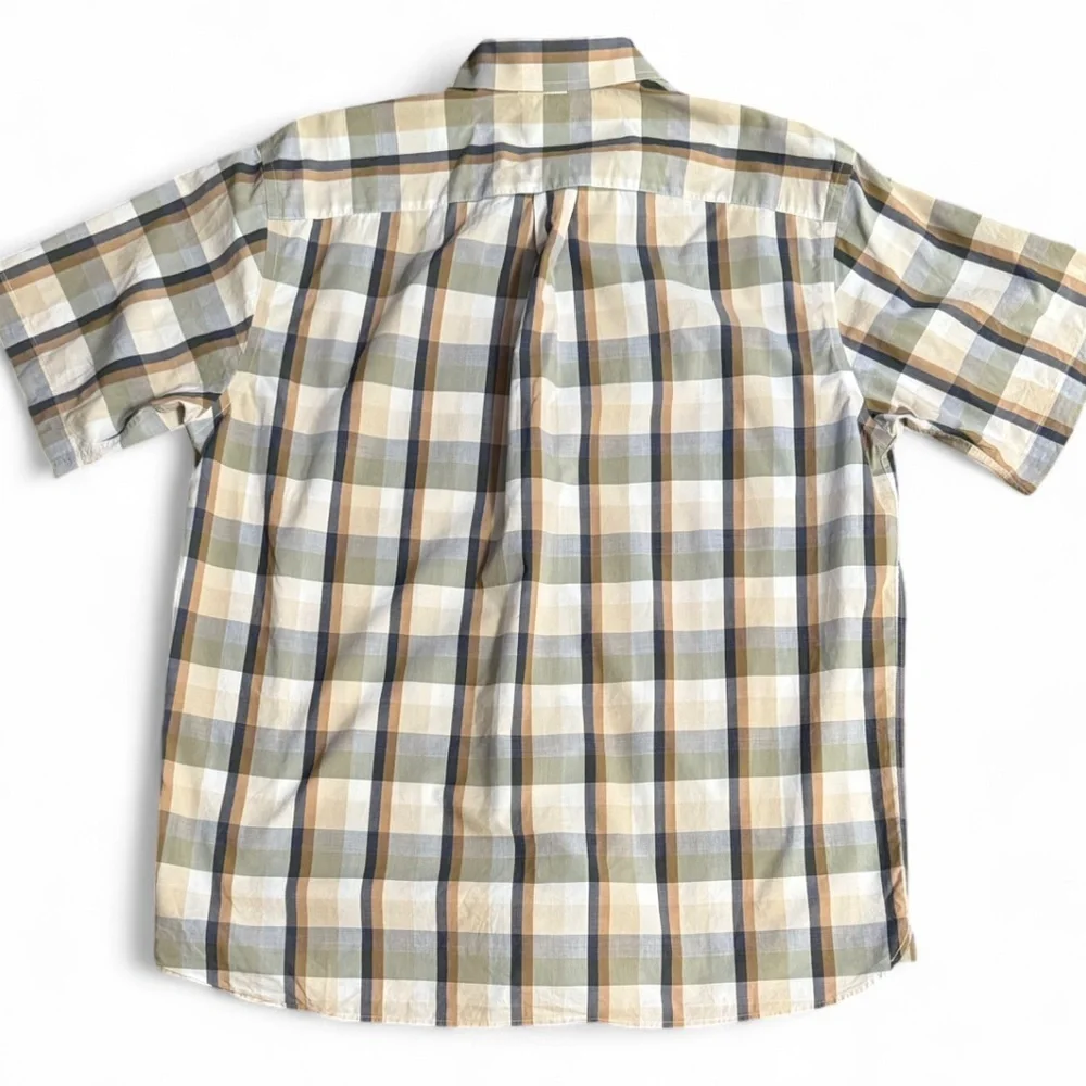 DANIEL CREMIEUX Men’s Tan and green plaid short sleeve button up shirt. Large - Picture 2 of 4